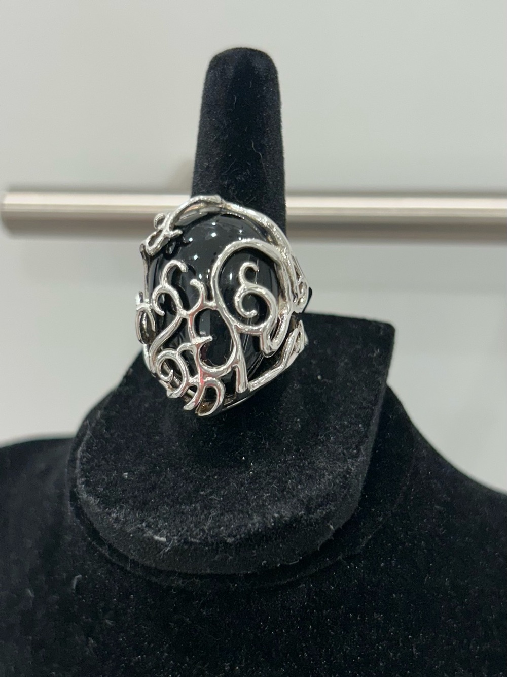 Barse Sterling Silver Filigree Ring with Black Onyx Cabochon